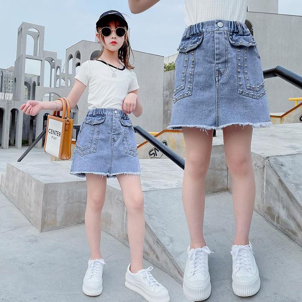 girls rivet bag hip denim skirt 2021 spring autumn half teen kids a-line short shorts, Black