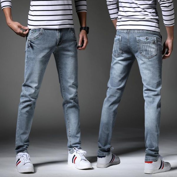 men's jeans grey elastic pants korean fashion leggings slim fit summer wear, Blue