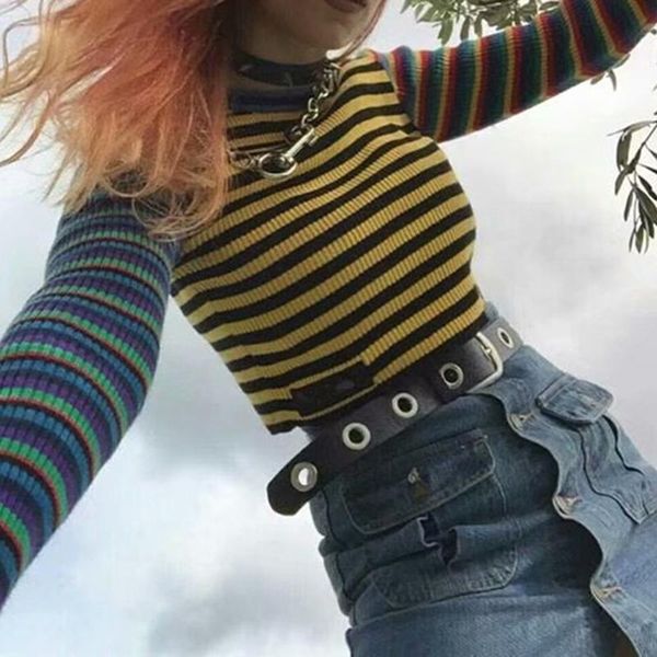 women's sweaters autumn winter muti-color stripe o neck short knitted sweater trendy patchwork pullover base knit streetwear, White;black
women's sweaters autumn winter muti-color stripe o neck short knitted sweater trendy patchwork pullover base knit streetwear, White;black