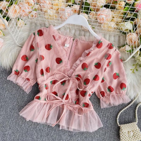 pink strawberry mesh womens shirts v neck puff sleeve lace casual sweet female, White
pink strawberry mesh womens shirts v neck puff sleeve lace casual sweet female, White