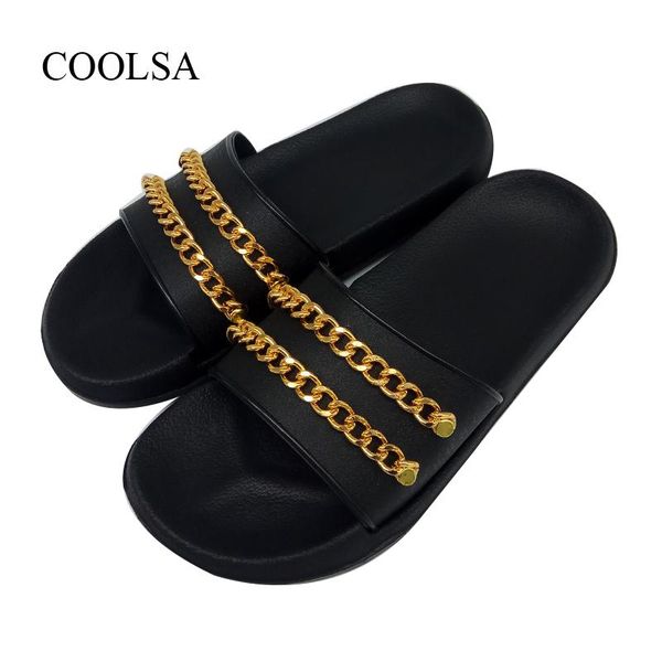 women's bling metal chain beach flip flops couple home shiny slippers designer quality vacation slides wholesale, Black
women's bling metal chain beach flip flops couple home shiny slippers designer quality vacation slides wholesale, Black