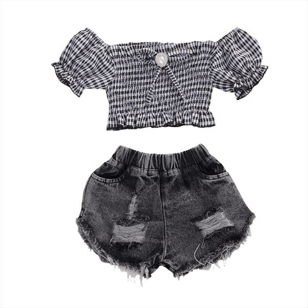 fashion summer toddler kid baby girl plaid off shoulder elastic waist denim short pants outfit clothes set 2pcs, White
fashion summer toddler kid baby girl plaid off shoulder elastic waist denim short pants outfit clothes set 2pcs, White