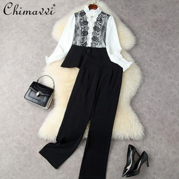 women's two piece pants 2021 fall clothing high-end lace stitching petal sleeve shirt high waist drooping straight-leg trousers elegant, White
women's two piece pants 2021 fall clothing high-end lace stitching petal sleeve shirt high waist drooping straight-leg trousers elegant, White