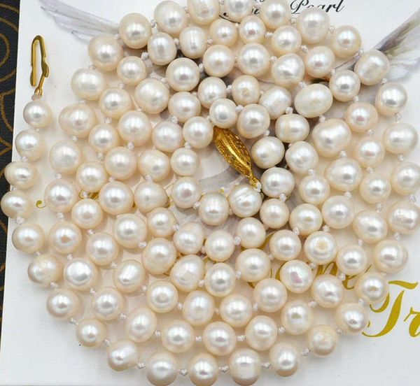 chains long 30'' 7-8mm white real natural akoya cultured pearl necklace, Silver