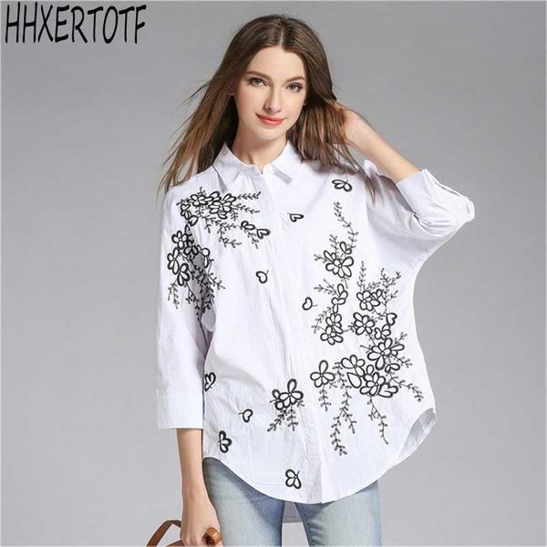 spring summer fashion women's three quarter sleeve bat-wing embroidered shirts casual blouses 210531, White 
spring summer fashion women's three quarter sleeve bat-wing embroidered shirts casual blouses 210531, White