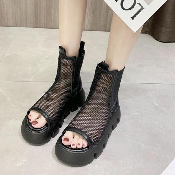 sandals women's summer style open-toe fashion mesh thick-soled student, Black