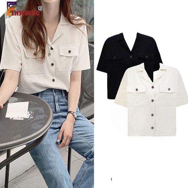 women's blouses & shirts cotton linen summer short sleeve single breasted button pockets white black solid shirt korean women
women's blouses & shirts cotton linen summer short sleeve single breasted button pockets white black solid shirt korean women