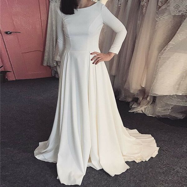satin wedding dresses long sleeves lace bride gowns muslim gown covered back vestido de novia a line weddingdress, White
satin wedding dresses long sleeves lace bride gowns muslim gown covered back vestido de novia a line weddingdress, White