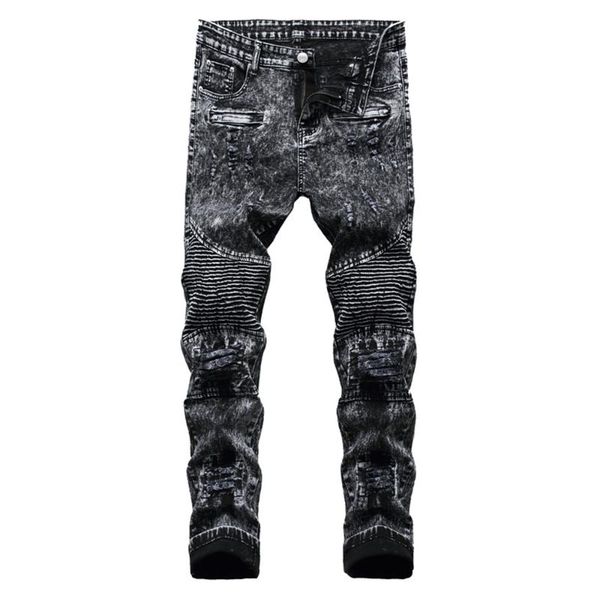 men's jeans snow washed ripped biker holes stretch denim slim straight pants pleated patchwork trousers, Blue
men's jeans snow washed ripped biker holes stretch denim slim straight pants pleated patchwork trousers, Blue