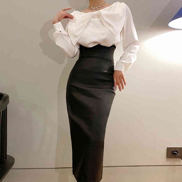 spring autumn women elegante casual solid color black over knee empire waist pencil silhouette pu leather skirt 8y795 210510
spring autumn women elegante casual solid color black over knee empire waist pencil silhouette pu leather skirt 8y795 210510