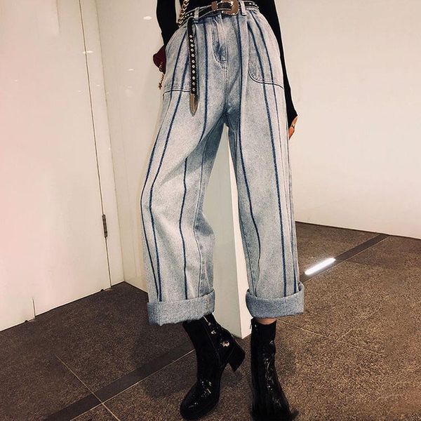 autumn streetwear women all-match buttons striped trousers students vintage high waist straight denim pants jeans women's, Blue
autumn streetwear women all-match buttons striped trousers students vintage high waist straight denim pants jeans women's, Blue