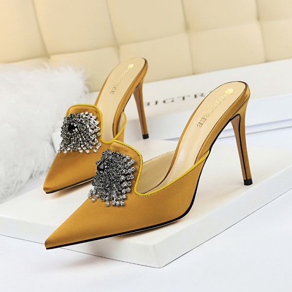 and elegant banquet women's shoes high heels pointed silk satin baotou slippers rhinestone buckle sandals, Black
and elegant banquet women's shoes high heels pointed silk satin baotou slippers rhinestone buckle sandals, Black
