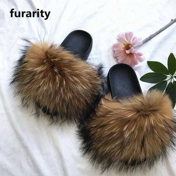 slippers jf0322 women's real fur shoes flip flops flat fluffy raccoon slides, Black