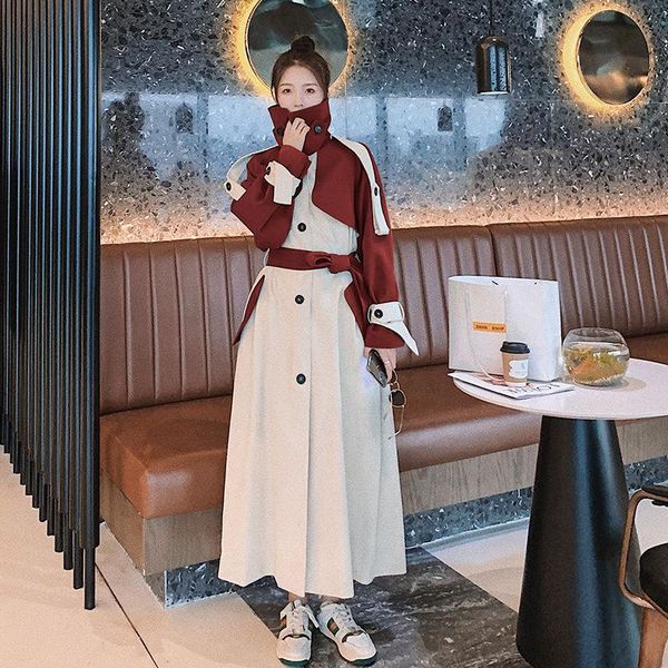 women's trench coats contrasting color windbreaker british style 2021spring autumn korean loose lapel double-breasted fashion long coat, Tan;black
women's trench coats contrasting color windbreaker british style 2021spring autumn korean loose lapel double-breasted fashion long coat, Tan;black