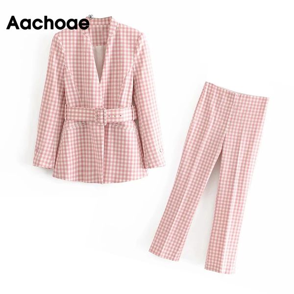 women plaid 2 piece blazer set v neck long sleeve blazer with belt elastic waist zipper fly pencil pants lady spring, Black;white