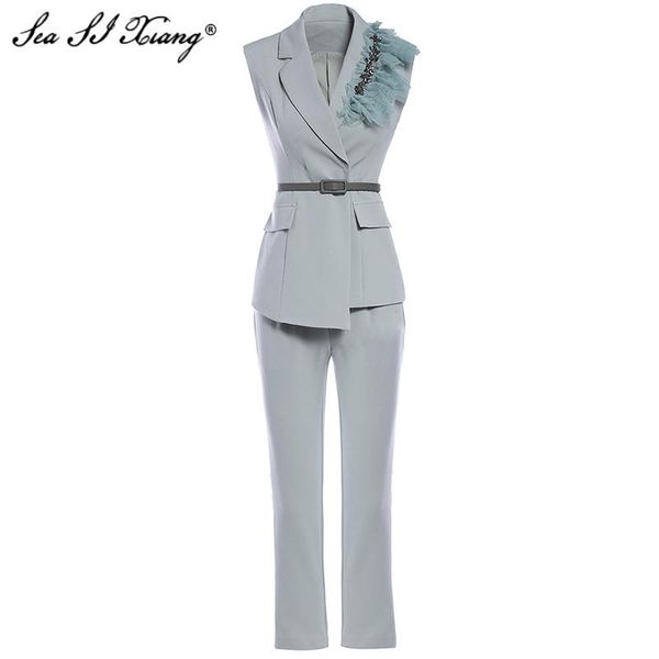 seasixiang fashion designer summer set women sleeveless crystal sashes + pencil pants solid two piece suit women's, White
seasixiang fashion designer summer set women sleeveless crystal sashes + pencil pants solid two piece suit women's, White