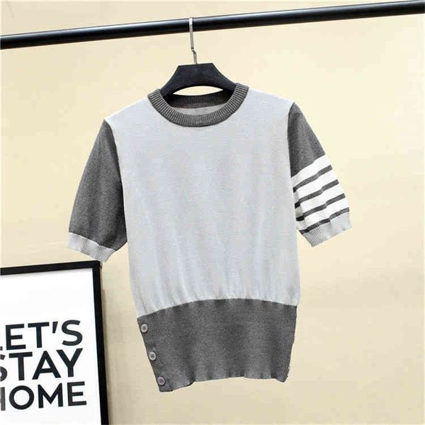 summer new tb four bar color matching round neck short sleeve ice silk t-shirt slim side button sweater women, White
summer new tb four bar color matching round neck short sleeve ice silk t-shirt slim side button sweater women, White