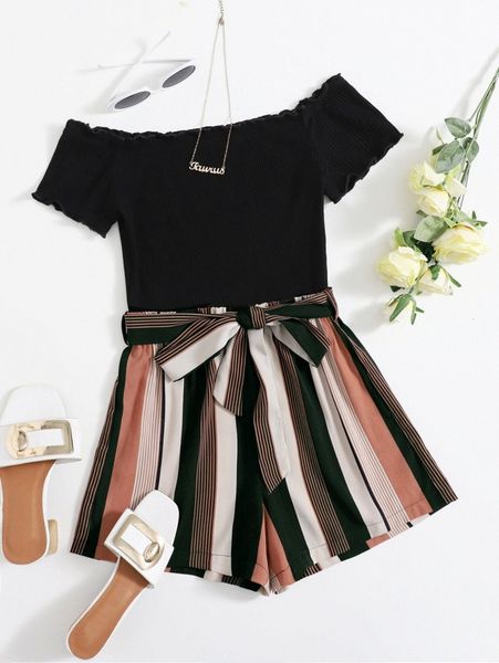 off shoulder striped paneled self belted romper l2rq#, White