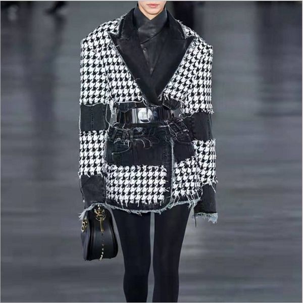 fashion designer blazer women's denim patchwork fringed houndstooth tweed jacket 210521, White;black
fashion designer blazer women's denim patchwork fringed houndstooth tweed jacket 210521, White;black