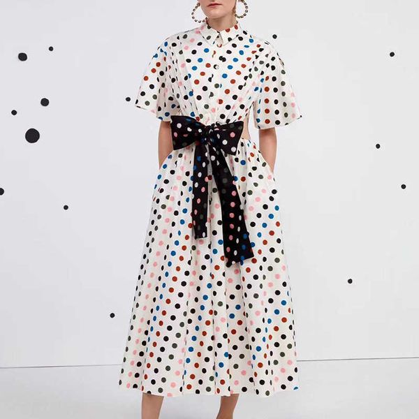 vintage colorful dot summer dresses for women bow silm waist hollow out elegant office lady vestido feminino 210525, Black;gray 
vintage colorful dot summer dresses for women bow silm waist hollow out elegant office lady vestido feminino 210525, Black;gray