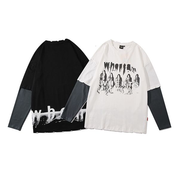 fashion t shirt 2021 spring couple's fake two piece long sleeve with split printing, White;black
