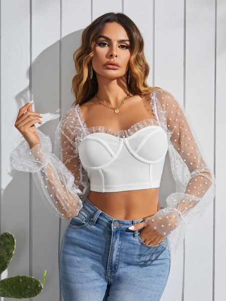 contrast dobby mesh flounce sleeve crop bustier 34ja#, White
contrast dobby mesh flounce sleeve crop bustier 34ja#, White