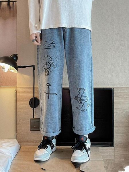 men's jeans fashion mens vintage washed drawstring waist cartoon print loose harajuku urban style dad denim pants trousers w2327, Blue
men's jeans fashion mens vintage washed drawstring waist cartoon print loose harajuku urban style dad denim pants trousers w2327, Blue