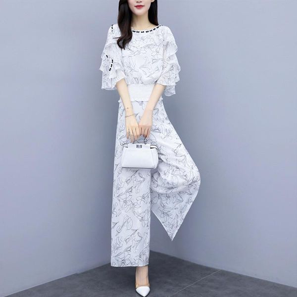 women's two piece pants summer tracksuit women set print flare sleeve lace splicing and wide leg suits casual fashion chiffon outfit, White
women's two piece pants summer tracksuit women set print flare sleeve lace splicing and wide leg suits casual fashion chiffon outfit, White