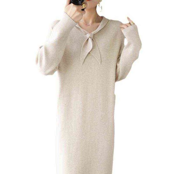 autumn 2021 round neck medium length skirt knitted pullover loose bow temperament commuter solid color dress, White;black
autumn 2021 round neck medium length skirt knitted pullover loose bow temperament commuter solid color dress, White;black
