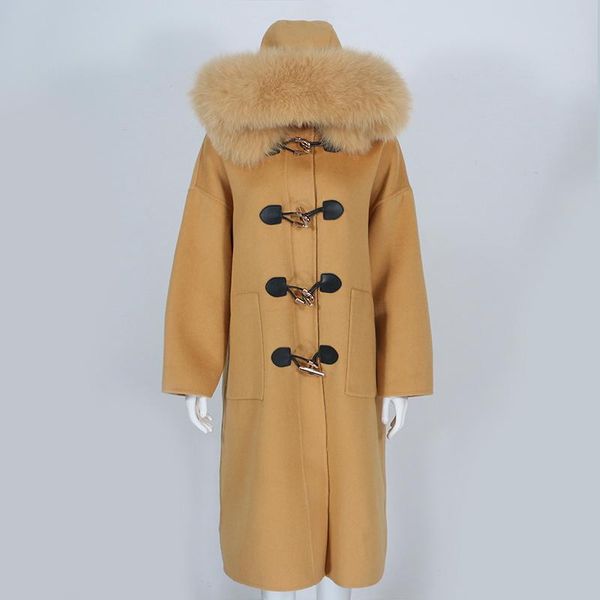 women's wool & blends oftbuy 2021 real fur coat winter jacket women natural collar hooded cashmere long outerwear horn button, Black
women's wool & blends oftbuy 2021 real fur coat winter jacket women natural collar hooded cashmere long outerwear horn button, Black