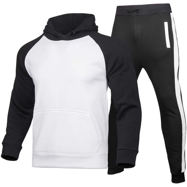 casual tracksuit men drawstring stripe hooded sweatshirt+2pcs pants solid mens hoodie pullover gym training sweat suit male 210603, Gray