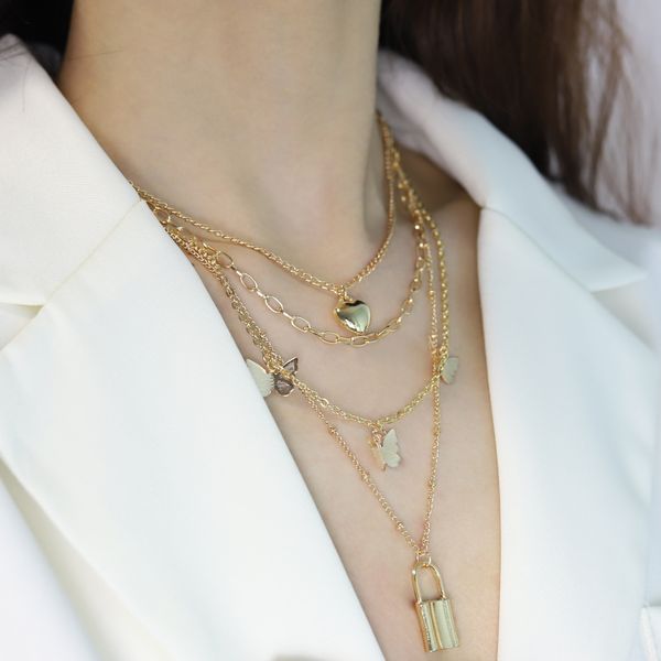 european and american new jewelry retro street style love lock multilayer necklace female 4 layer metal butterfly necklace, Silver
european and american new jewelry retro street style love lock multilayer necklace female 4 layer metal butterfly necklace, Silver