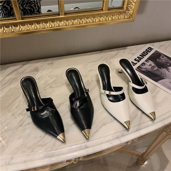 pointed toe women slippers gold mixed color thin mid heels slides shallow party pumps fashion mules shoe size 35-39 210513, Black
pointed toe women slippers gold mixed color thin mid heels slides shallow party pumps fashion mules shoe size 35-39 210513, Black