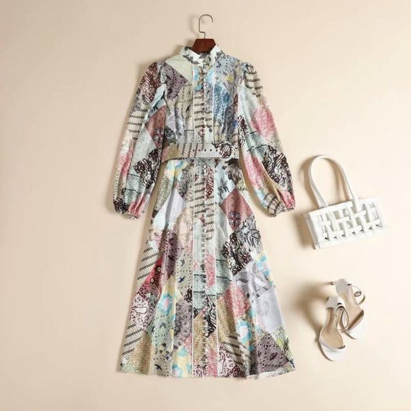 women's european and american wear 2021 winter style long-sleeved stand-up collar retro print fashion belt dress casual dresses, Black;gray
women's european and american wear 2021 winter style long-sleeved stand-up collar retro print fashion belt dress casual dresses, Black;gray