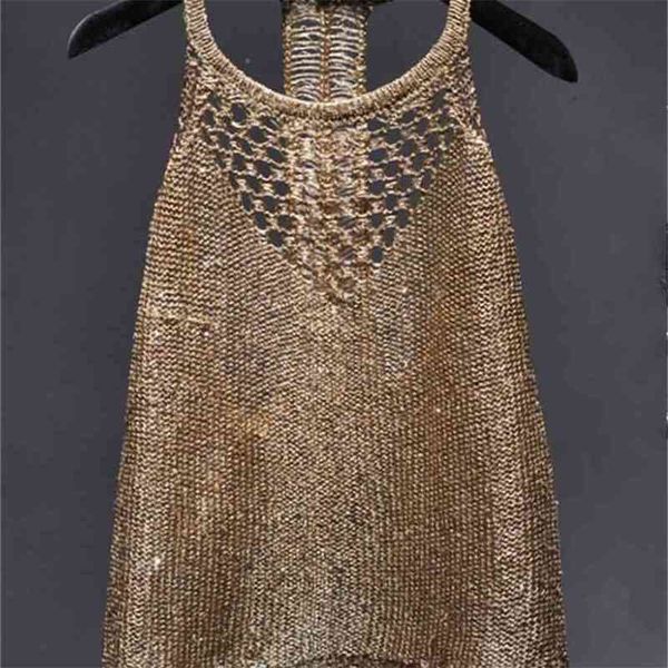 summer hollow out knitted camis women shiny bling sequined tanks sequins gold 210705, White