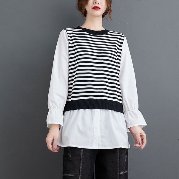 women's blouses & shirts spring autumn korea fashion women long sleeve loose o-neck fake two piece striped knitted casual blouse f, White
women's blouses & shirts spring autumn korea fashion women long sleeve loose o-neck fake two piece striped knitted casual blouse f, White