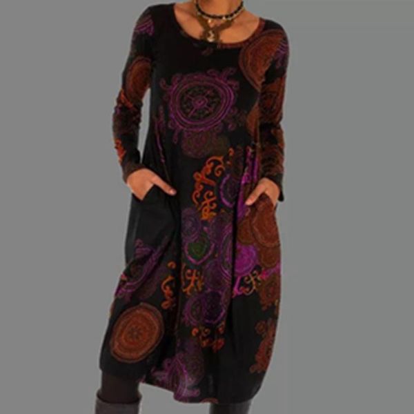 casual dresses spring round neck loose women party dress elegant retro floral print knee a-line autumn long sleeve pocket female, Black;gray 
casual dresses spring round neck loose women party dress elegant retro floral print knee a-line autumn long sleeve pocket female, Black;gray