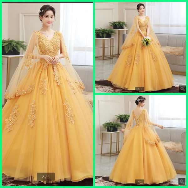 2021 new arrival gold tulle ball gown prom dress modest with cape v neck lace appliques beaded party gowns sweet 16 princess dubai arabic is, Black
2021 new arrival gold tulle ball gown prom dress modest with cape v neck lace appliques beaded party gowns sweet 16 princess dubai arabic is, Black
