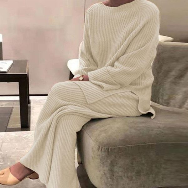 women's two piece pants women soft knitted long sleeve wide leg set casual loose 2pcs lady o-neck housewear suits clasic autumn femme, White
women's two piece pants women soft knitted long sleeve wide leg set casual loose 2pcs lady o-neck housewear suits clasic autumn femme, White