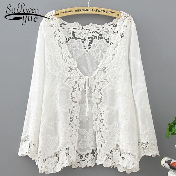 women's blouses & shirts women and 2021 summer fashion seaside holiday print swimsuit blouse beach sunscreen lace long sleeve 3164 50, White