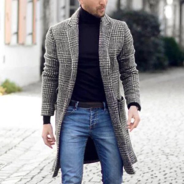 

men's wool & blends autumn winter long slim-fit woolen trench coat fashion business casual plaid suit collar men jacket, Black