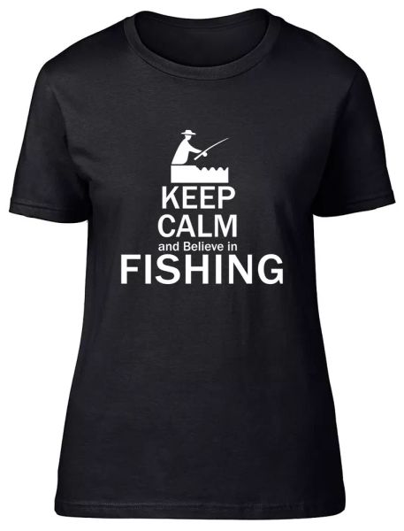 keep calm and believe in fishing fitted womens ladies t shirt, White;black 
keep calm and believe in fishing fitted womens ladies t shirt, White;black