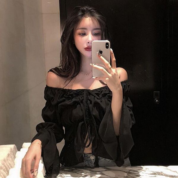 women's blouses & shirts autumn clothing v-neck off shoulder flared sleeves chiffon shirt drawstring perspective women, White
women's blouses & shirts autumn clothing v-neck off shoulder flared sleeves chiffon shirt drawstring perspective women, White