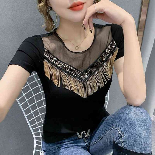 women's t-shirt summer korean clothes cotton girls fashion spliced shiny diamonds tassels women short sleeve tees t12926, White
women's t-shirt summer korean clothes cotton girls fashion spliced shiny diamonds tassels women short sleeve tees t12926, White
