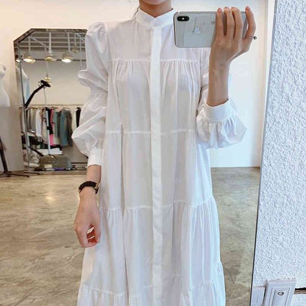 french solid stand single breasted loose ruffle puff sleeve shirt long dresses women 210421, Black;gray
french solid stand single breasted loose ruffle puff sleeve shirt long dresses women 210421, Black;gray