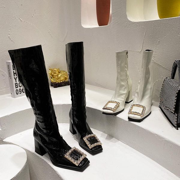 boots diamond buckle thick heel patent leather stone grain square toe side zipper high-tube women's ankle boot, Black
boots diamond buckle thick heel patent leather stone grain square toe side zipper high-tube women's ankle boot, Black