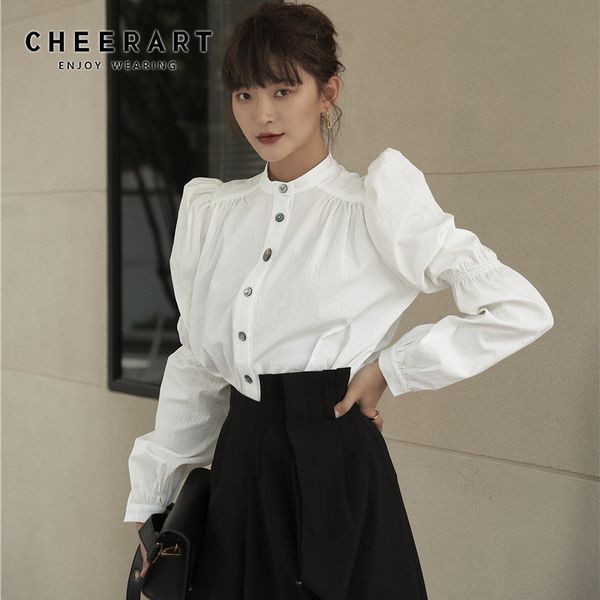 puff sleeve white long blouse women stand collar vintage button up shirt ladies and blouses 210427
puff sleeve white long blouse women stand collar vintage button up shirt ladies and blouses 210427