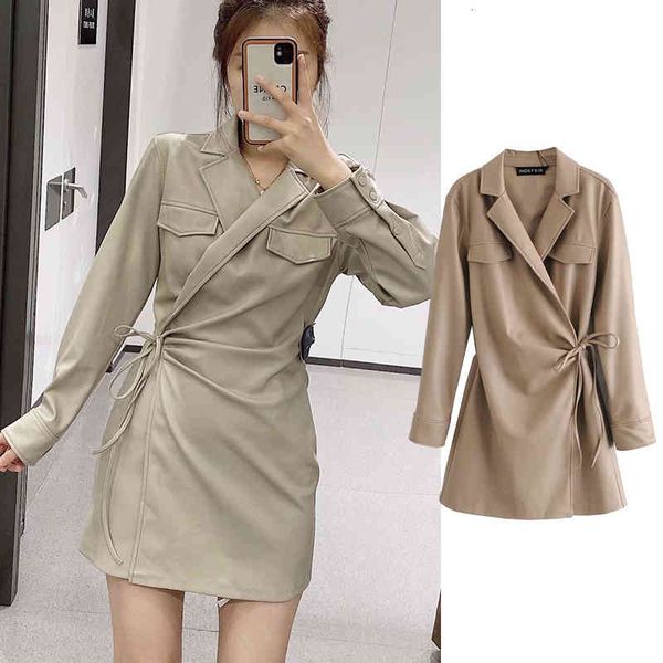 rompers fashion pu collar lace up dresses long pocket thin decoration spring dress, Black;white
rompers fashion pu collar lace up dresses long pocket thin decoration spring dress, Black;white