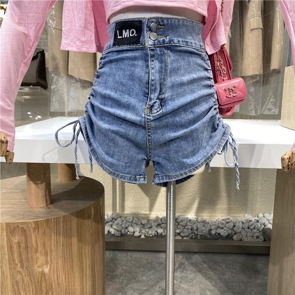 women's shorts label side drawstring wide leg denim women summer high waist jean, White;black
women's shorts label side drawstring wide leg denim women summer high waist jean, White;black
