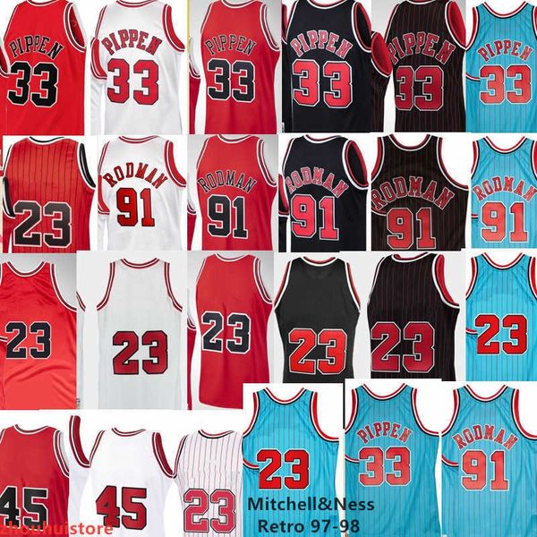 

mens 100% stitched basketball scottie pippen 33 dennis rodman 91 michael 23 breathable jerseys mitchell and ness team blue red white stripe, Black;red